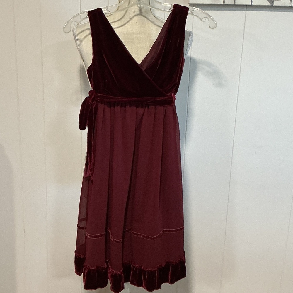 Velvet & Chiffon Wrap Midi Dress in Burgundy